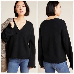 Anthropologie Black Joy Fringed V-Neck Sweater
